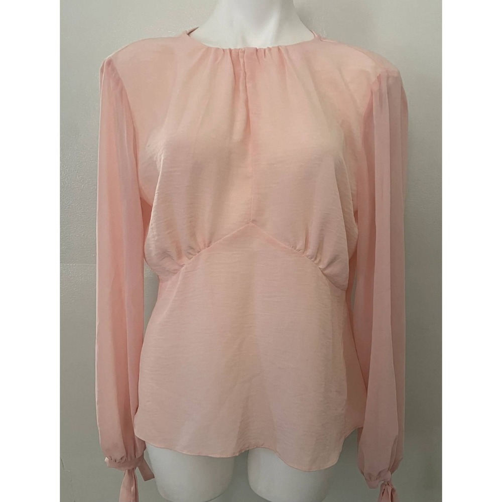 TOPSHOP Long Sleeve Empire  Peach Pink Sheer Sleeve Tie Cuff Back Bow Top SIZE 6